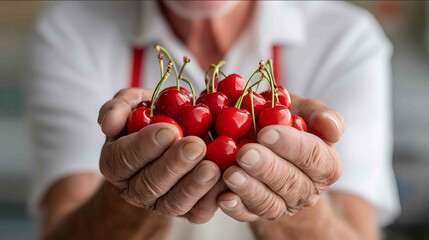A farmers hands holding freshly picked organic cherries shallow depth blurred background text area with White background