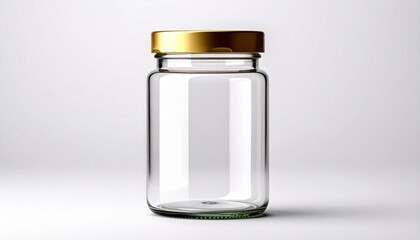 Glass cylindrical jar. Clear glass cylindrical jar with gold lid on white background.