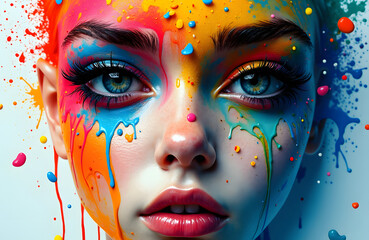 Face formed by abstract paint splashes color chaos