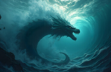Leviathan serpent beneath glowing ocean waves