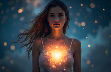 Woman with a glowing universe in her chest starry background