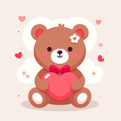 Obraz premium A cartoon teddy bear holding a pink heart, surrounded by hearts and clouds. Use this for Valentine's Day, love, or cute designs on websites/blogs.