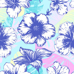 Seamless pattern with abstract tropical flowers. Creative texture for fabric, wrapping, textile, wallpaper, apparel. Pastel vector illustration background