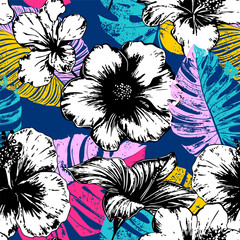 Seamless pattern with abstract tropical flowers. Creative texture for fabric, wrapping, textile, wallpaper, apparel. Bright vector illustration background