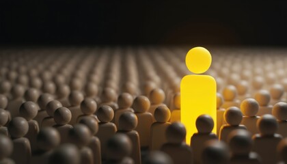 Fototapeta premium Yellow illuminated figure stands out crowd. Concept illustration of uniqueness individuality. Represents standing out difference from others. Symbol of leadership in society. Concept of person with