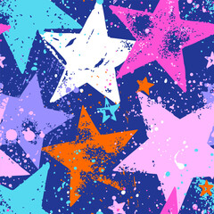 Abstract seamless chaotic pattern with urban stars. Grunge neon texture background. Wallpaper for woman. Fashion sport style