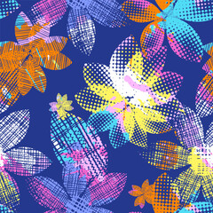 Seamless pattern of abstract flowers in grunge style. Bright color Vector illustration