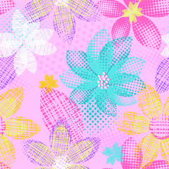 Seamless pattern of abstract flowers in grunge style. Bright color Vector illustration