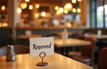 Reserved sign on wooden table in cozy restaurant. Soft warm lights create inviting atmosphere. Blurred background with tables and chairs, bokeh effect. Restaurant interior design.