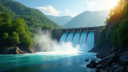 Fototapeta premium Presa hidroeléctrica con río fluyendo. Fondo de bosque frondoso, niebla alzándose, fuente de energía renovable