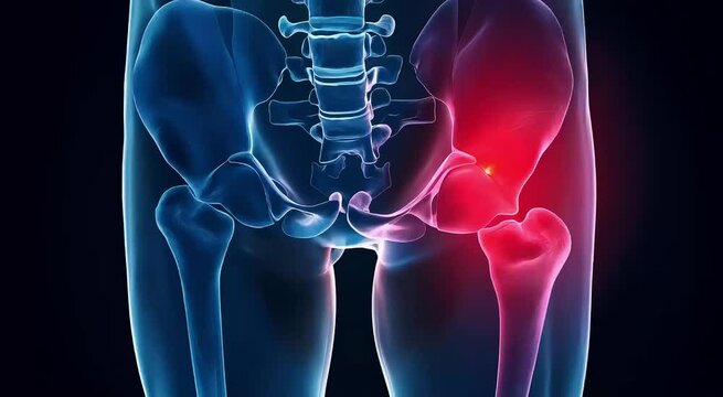 3D medical illustration of pelvic bones with highlighted hip joint inflammation
