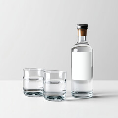 Clear glass bottle with blank white label and two filled glasses placed on a white surface