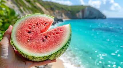 Hand Holding a Juicy Watermelon Slice Against a Sunny Tropical Beach Background
