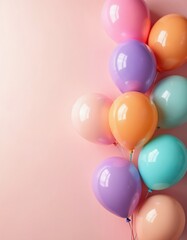 Vibrant colorful balloons perfect for festive celebrations. Balloons in pink, orange, teal, purple colors for happy mood on birthday parties, events, festive decorations. Joyful, fun, inviting,