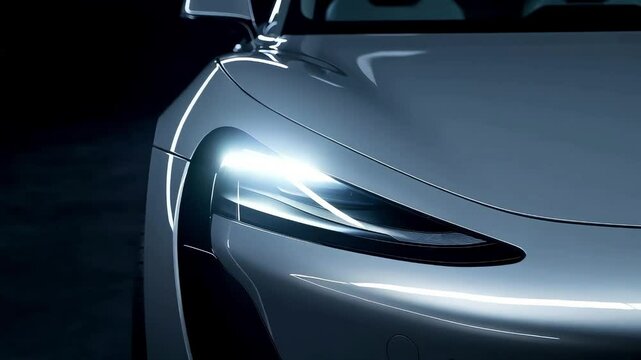 Close up of modern electric car headlight design with sleek metallic body