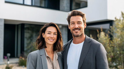 Portrait of two smiling real estate agents standing outdoors in front of a modern house, both wearing business casual attire