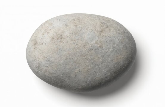 Top view single grey pebble isolated on white background. Rounded shape mineral stone rock, smooth texture. Nature object for zen design, spa, relax, balance concepts. Modern simple backdrop.