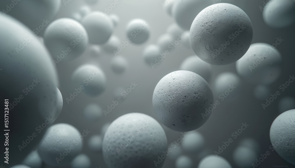 Poster photorealistic background of white spheres floating in semi-dark environment. perfectly formed spher