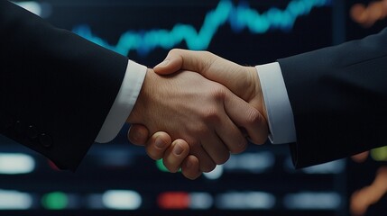 Business partners sealing a successful deal in a corporate office during a stock market presentation, symbolizing the partnerships and deals involved in an IPO