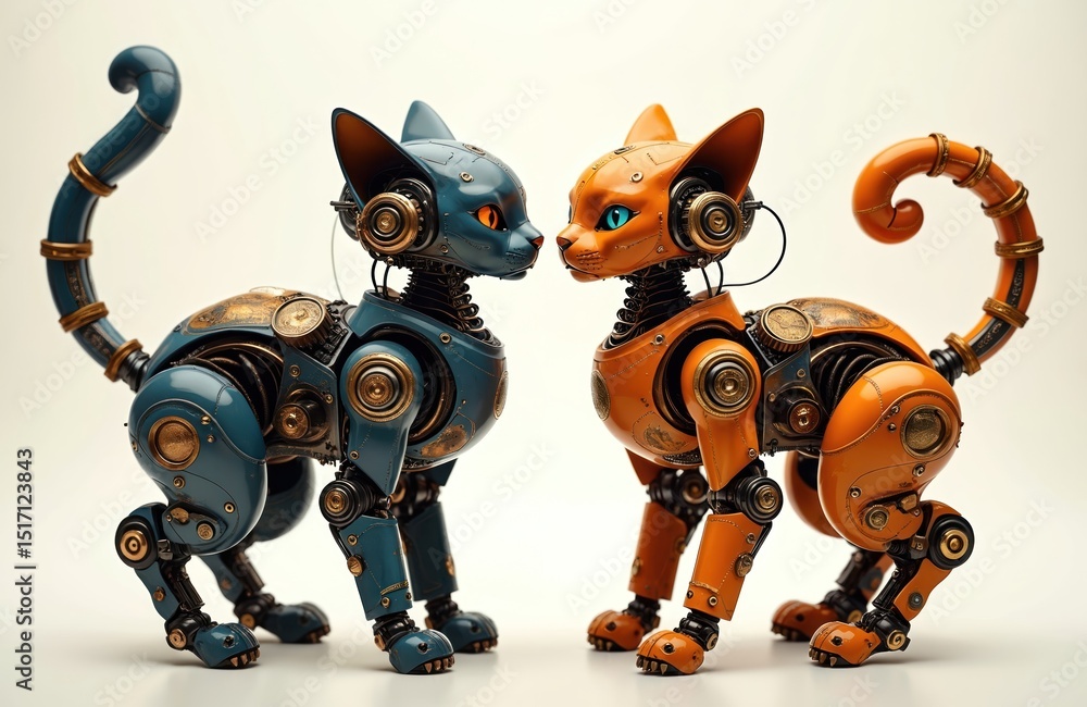 Poster two robotic cats with elegant forms pose side by side on white background. mechanical cyborg felines