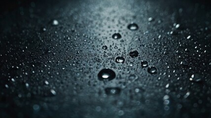 The image is of a dark surface with many small blue droplets of water