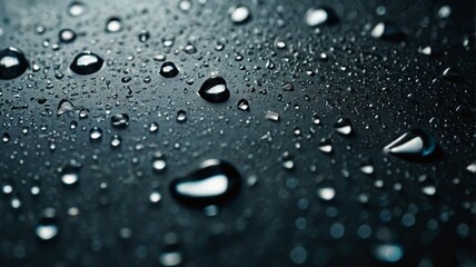 The image is of a dark surface with many small blue droplets of water