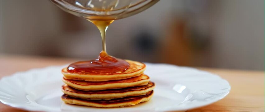 Anamorphic video Syrup pouring on stack of buttermilk pancakes