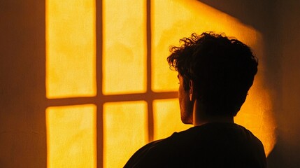 Silhouette of a young man reflecting in soft sunlight by the window during late afternoon