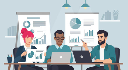 Startup Office Teamwork Illustration – Business People Analyzing Charts and Graphs in Modern Workplace