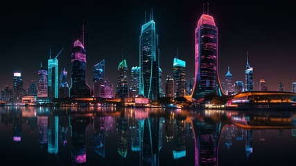 A futuristic city illuminated by vibrant neon lights at night