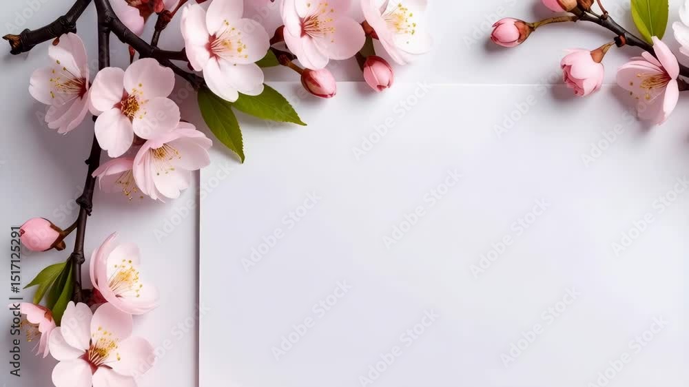 Poster delicate pink cherry blossoms frame a crisp white rectangle creating a fresh spring background with 