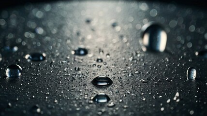 The image is of a dark surface with many small blue droplets of water