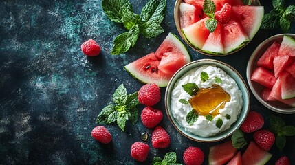 Summer Watermelon, Raspberry and Yogurt Dessert with Honey