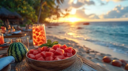 Sunset Beach Scene with Watermelon and Refreshing Drink