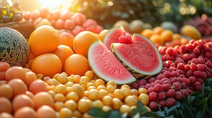 Sunlit Display of Fresh Summer Fruits Watermelon Slices, Raspberries, Oranges and Apricots
