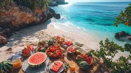 Sunny Beach Picnic with Watermelon and Tropical Fruits