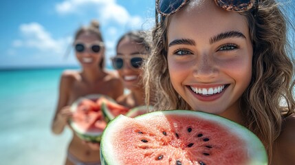 Three Happy Women Enjoying Watermelon on a Sunny Beach