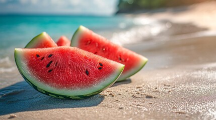 Three Juicy Watermelon Slices on Sandy Beach with Ocean Background