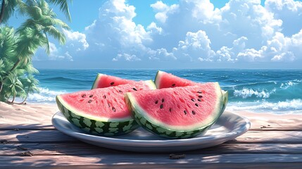 Three Slices of Watermelon on a Plate at the Beach
