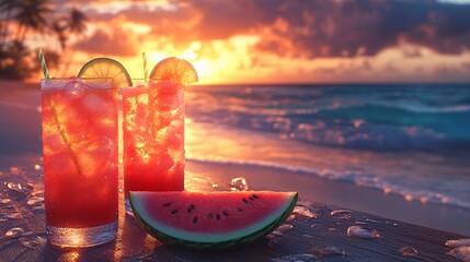 Two Watermelon Cocktails on Sandy Beach at Sunset