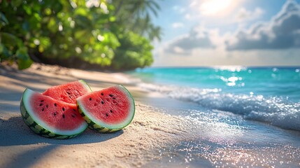 Two Slices of Watermelon on a Sunny Tropical Beach