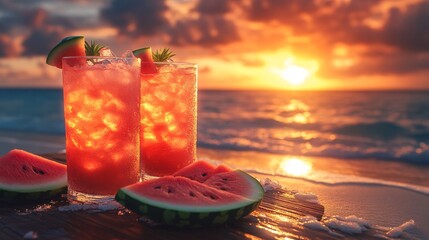 Two Watermelon Cocktails on Beach at Sunset