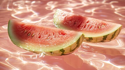 Two Watermelon Slices Floating on Pink Water, Summer Still Life