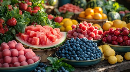 Vibrant Summer Fruit Display Red Strawberries, Juicy Watermelon, Blueberries and Yellow Lemons