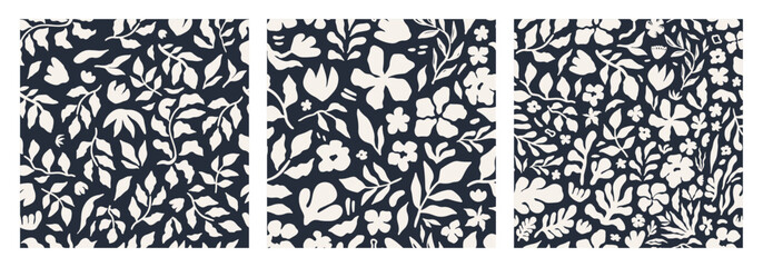 Abstract floral seamless pattern set. Seamless botanical pattern in a flat abstract style with flowers. Use for fashion fabrics, paper goods, or modern shapes backgrounds. Vector illustration