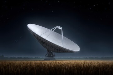 Satellite dish reflecting starlight in a tranquil field with tall grass under the night sky showcasing technological advancement and the connection between humanity and the cosmos