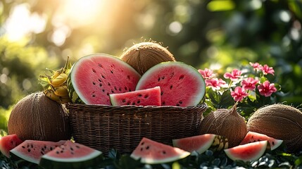 Watermelon and Tropical Fruits in a Basket Outdoors in Sunlight