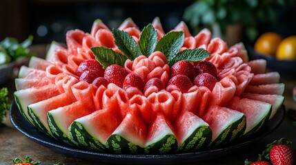 Watermelon and Strawberry Fruit Platter with Mint Garnish