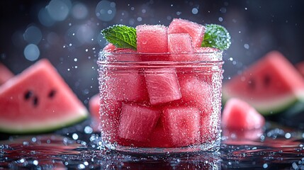 Watermelon Cubes in a Jar with Mint, Dark Background, Refreshing Summer Drink