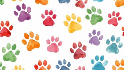 Obraz premium Seamless pattern featuring colorful watercolor dog paw prints on white. Adorable doggy footprint art for veterinary medicine, pet care clinics, animal shelters, pet shops,. Repeat, texture,